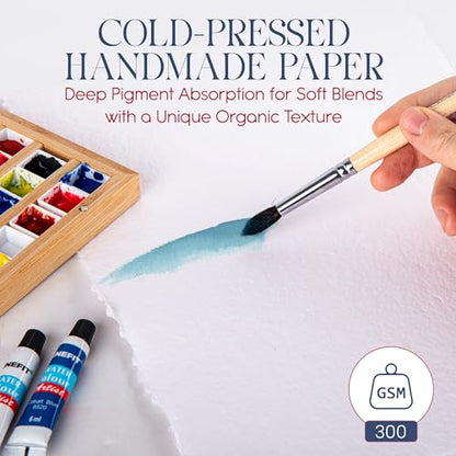 Wanderings Thick Handmade Watercolor Paper with Deckle Edge - 9" x 12" - 300GSM - Premium White Hot Press Smooth Mixed Media Paper Made with Recycled Cotton - 25 Loose Leaf Sheets - color: White, size: 9x12" (23x30.5cm)