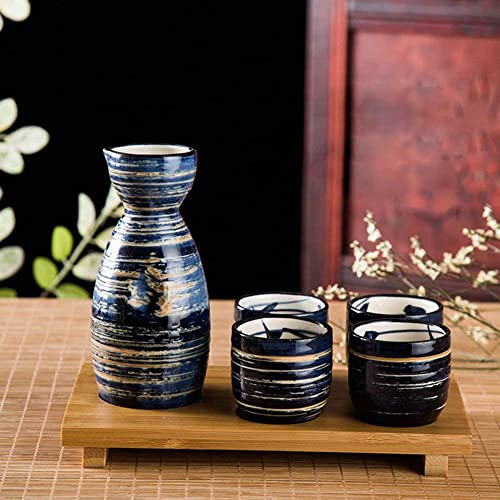 5 Pieces Japanese Sake Set 200ml Sake Bottle 50ml Saki Cup Set Traditional Hand Painted Design Porcelain Pottery Ceramic Soju Cups Sake Glasses (Blue Wise)