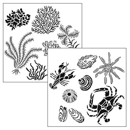 The Crafter’s Workshop - Reusable Ocean-Inspired Stencil for Painting and Crafts – Coastal Wildlife and Flora Motif – 2 Pk, 6" x 6" – Gulf Coast Creatures/Gulf Coast Flora - style: Gulf Coast Creatures / Gulf Coast Flora