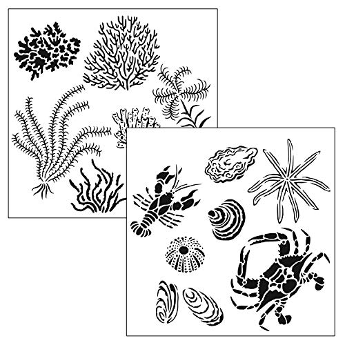 The Crafter’s Workshop - Reusable Ocean-Inspired Stencil for Painting and Crafts – Coastal Wildlife and Flora Motif – 2 Pk, 6" x 6" – Gulf Coast Creatures/Gulf Coast Flora - style: Gulf Coast Creatures / Gulf Coast Flora