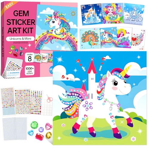 Gem Art Sticker Kit,Diamond Art Sticker Crafts for Kids Ages 4-12 | 8 Unicorn Themes, 1000+ Gems, No glue, No mess, Gemstone Sticker Arts and Crafts for Kids, Christmas Birthday Gift for Girls - color: Pink-Unicorn