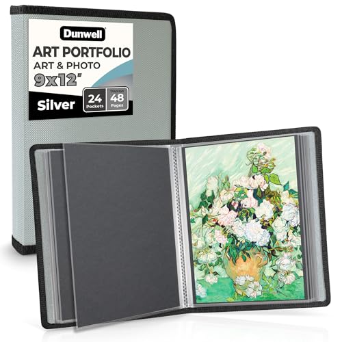 Dunwell Art Portfolio 9x12 Folder (Silver), Black Mounting Paper, Portfolio Binder for Artwork, 9 x 12 Art Folder, 24 Pockets Display 48 Pages, Acid-Free Poly Presentation Book - color: Silver, size: 9x12" w/ BLK Paper