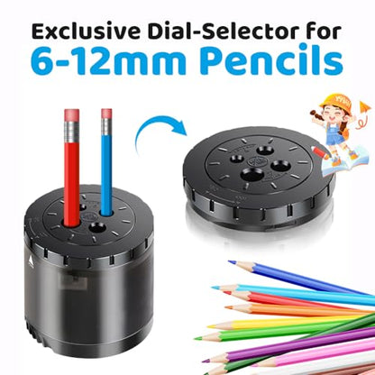 Heavy-Duty Electric Pencil Sharpener USB and Battery Power 4 Replacement Blades 4-Hole Adjustable for 6-12mm Art Pencils Large Capacity Automatic Pencil Sharpeners Black