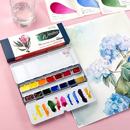 ROSA Gallery Watercolor Paint Set Botanical Unique Palette, Full Pans 2.5ml, Metal Case, Extra Fine Professional Watercolours (14 Full Pans)