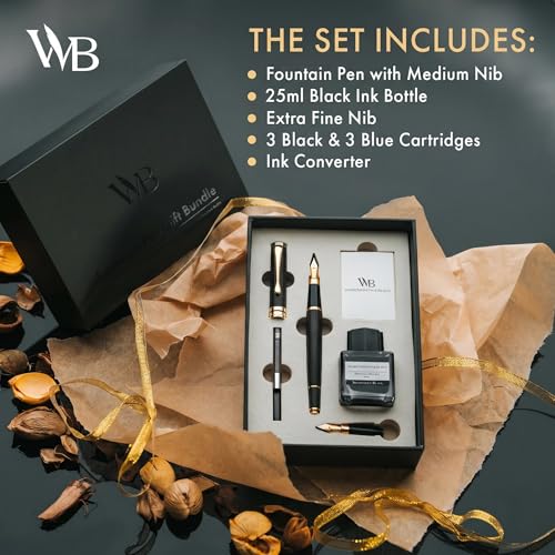 Wordsworth & Black Fountain Pen Set, Luxury Bamboo Wood - Medium Nib, Extra Fine Nib, Gift Case; 25ML Black Ink Bottle, 6 Ink Cartridges, Refill Converter - Calligraphy, Writing [Black Wood] - color: Black Wood