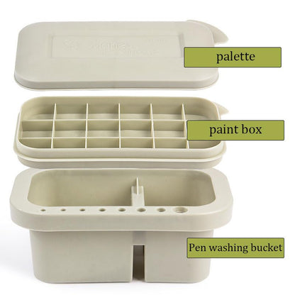 Multi-Use Paint Brush Basin with Brushes Holder, Washer, Trays, Palette Box - Artist Cleaner Cup for Watercolor Oil Acrylic Gouache Painting with Lid