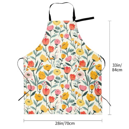 Cream Pastel Wildflower Art Waterproof Apron with Pockets | Garden Aprons for Men Women Adjustable Bib Apron for Cooking Kitchen Baking BBQ Painting Housework Oil Resistant - color: Cream Tulip Garden