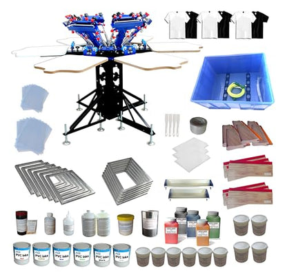 Screen Printing Kit 6 Color 6 Station Micro-Registration with Accessories Washout Tank Squeegee Mesh Frame