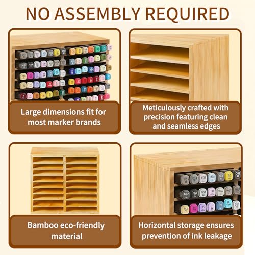 Bamboo Marker Holder Organizer, 126 Pens Capacity, 18 Compartments, Art Supply Storage for Alcohol Markers, Pens, Pencils