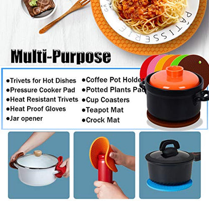 5 Pcs Round Silicone Trivets Pot Holder Mats,Extra Thick Heat Resistant Kitchen Countertop Mats,Honeycomb Rubber Hot Pads Trivets for Hot Dishes,Flexible Jar Opener Multi-Purpose Coasters Teal - color: Teal