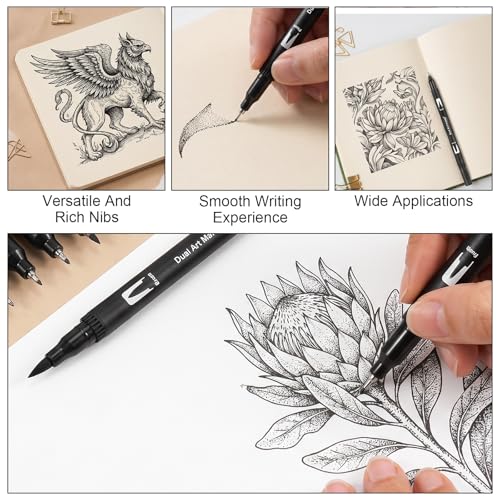 Sibba 12 Pack Black Drawing Pens Black Markers for Drawing Dual Tip Brush Fineliners Pens Fine Point Washable Brush Tip Markers for Adults Art Drawings Sketching Journaling Calligraphy Dooding Marking