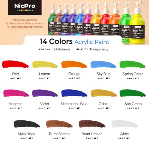 Nicpro 14 Colors Acrylic Paint Set (10oz/300ml), Large Bulk Acrylic Paints kits Rich Pigment Art Painting Supplies for Artists, Beginners, Adults on Rock Crafts Canvas, Wood, Ceramic with Pump - color: 10oz 14colors