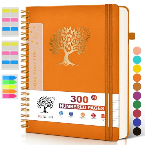 PERCUN Spiral Notebook 300 Numbered Lined Pages Hardcover Journal 8.5"x11" | College Ruled Spiral Bound Notebook with Tabs, A4 Large Leather Journal for Women Men, Work, School, Writing & Note Taking - color: Orange, size: A4 size (8.5in x 11.5in)