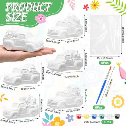 JellyArch 6 Set Ceramic Painting Kit DIY Ceramic Truck with Flowers Crafts Include Lavender, Daisy, Daffodil, Rose, Tulip, Sunflower Statues Brush and Bag for Adult Holiday Birthday Party Decor - style: Spring