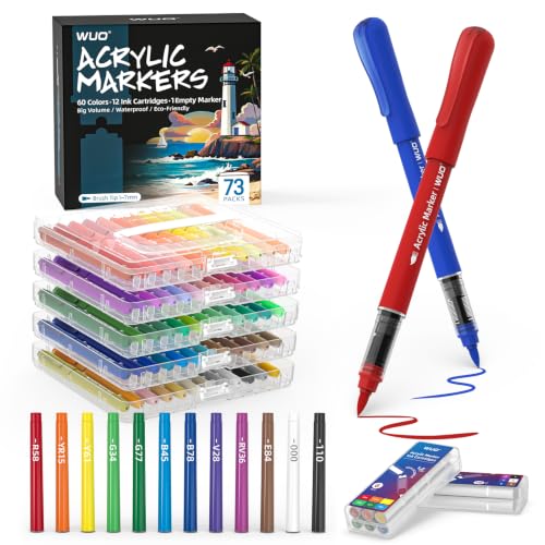 WUO Acrylic Paint Markers, 60 Colors Water-Based No-Bleed Paint Pens with Brush Tip, Automatic Ink Control Markers for Rock Painting, Wood, Glass, Fabric DIY Art, 12 Extra Replaceable Ink Cartridges - color: 60 Colors