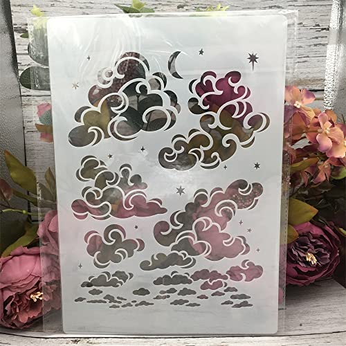 TIAMECH A4 Reusable Cloud Stencil for Painting | Star Moon on Sky Layering Template, DIY Wall Art, Wood Furniture, Scrapbook & Crafts (8.3x11.7inch) - style: Cloud