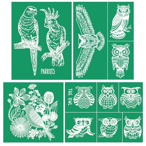 DGAGA 4PCS Owl Self-Adhesive Silk Screen Stencil Parrot Mesh Transfers Various Birds Pattern for Festival Stencils Screen Printing Stencils for Painting on Wood, Home Decor,Bag, T-Shirts 8.5x11 in - color: 4pcs owl stencils