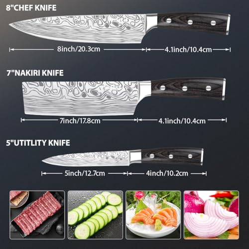 MOSFiATA Professional Chef Knife Set with German High Carbon Stainless Steel Kitchen Knife Set 3 PCSwith Finger Guard,Knife Sharpener,Knives Set for Kitchen with Gift Box - style: 3pcs knife set