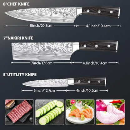 MOSFiATA Professional Chef Knife Set with German High Carbon Stainless Steel Kitchen Knife Set 3 PCSwith Finger Guard,Knife Sharpener,Knives Set for Kitchen with Gift Box - style: 3pcs knife set