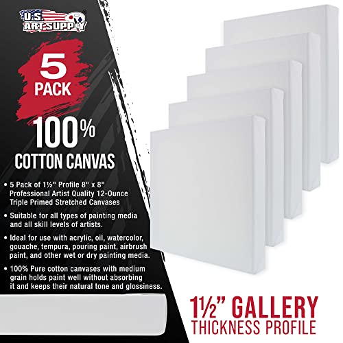 U.S. Art Supply Square Stretched Canvas for Painting 8x8 inch Gallery Depth 1-1/2" Thick, 5-Pack - 12oz Acrylic Gesso Triple Primed, Professional Artist Quality, 100% Cotton - Pouring, Oil Paint - size: 8" x 8"