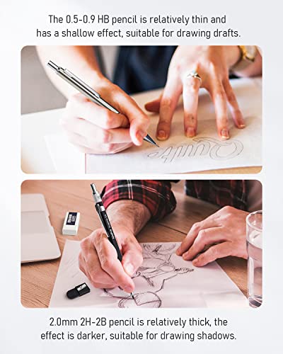 Nicpro 6PCS Art Mechanical Pencil Set, 3PCS Metal Drafting Pencil 0.5 mm & 0.7 mm & 0.9 mm & 3PCS 2mm Graphite Lead Holder (2B HB 2H) For Writing, Sketching Drawing With Lead Refills Case - color: Silver