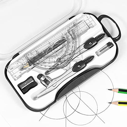 Unjoo Math Geometry Kit Sets 10 Piece Student Supplies with Shatterproof Storage Box,Includes Rulers,Protractor,Compass,Eraser,Pencil Sharpener,Lead Refills,Pencil,for Drafting and Drawings（Black） - color: Black