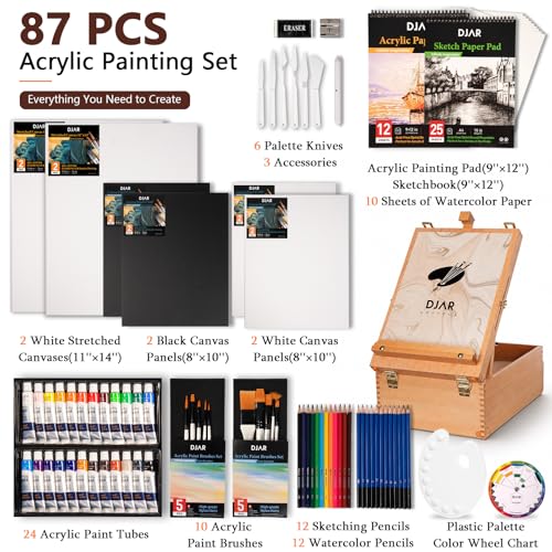 DJAR 87 Pcs Acrylic Paint Set with Tabletop Easel for Adults & Beginners | 24 Colors, Canvas, Brushes & Palette, Professional Art Supplies, Storage Box Ideal for Artists & Students - style: Tabletop Easel Set