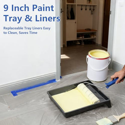 Paint Roller Kit with 2 to 4 FT Extension Pole for House Painting - Completed Home Painting Set with 9″ & 4″ Paint Roller Covers, Tray, Paint Brushes and Accessories