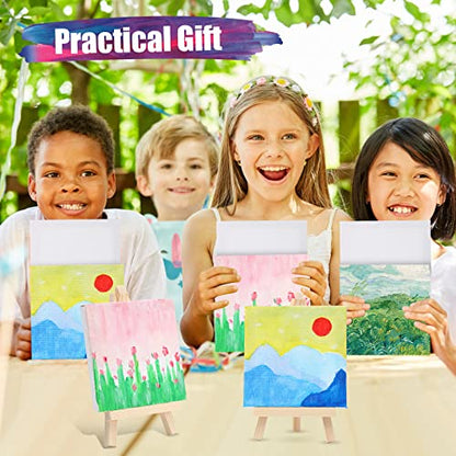 Fuutreo 200 Pcs 4 x 4 Inch Mini Canvas and Easel Set, 100 Mini Stretched Canvas with 100 Wooden Easels for Acrylic Pouring Oil Paint Water Color Painting - size: 4 x 4 Inch