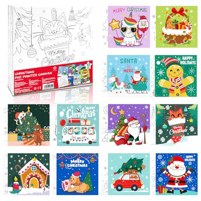 conda Pre Printed Canvas for Painting 12 Pcs 6 x 6 Inch, Pre Drawn Canvas Boards with Christmas Pictures to Paint, Theme Canvas Panels Set for Beginners Students, DIY Paint Art Supplies - color: Christmas Canvas