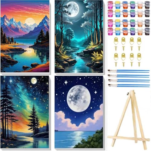 4 Pack Paint by Numbers for Adults with Framed Canvas - with Wooden Easel, Beach Paint by Number on Canvas, DIY Moon Landscape Acrylic Oil Painting Kits with Brushes for Home Wall Decor (8x12 inch) - color: 4pc Beach