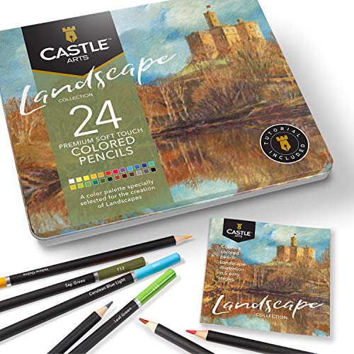Castle Arts Themed 24 Coloured Pencil Set in Tin Box, Perfect Colours for ‘Landscapes’. Featuring Quality, Smooth Coloured Cores, Superior Blending & Layering Performance Achieving Great Results - color: Landscape