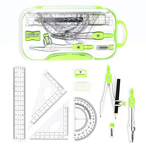 Unjoo Math Geometry Kit Sets 10 Piece Student Supplies with Shatterproof Storage Box,Includes Rulers,Protractor,Compass,Eraser,Pencil Sharpener,Lead Refills,Pencil,for Drafting and Drawings（Green） - color: Green