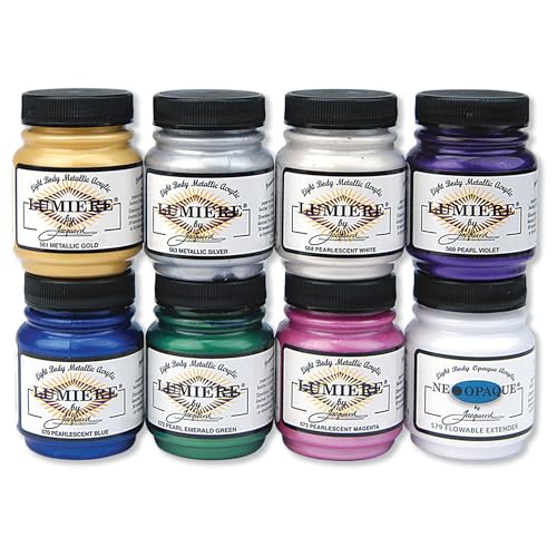 Jacquard Lumiere 8 Pack - Metallic Paint for Fabric Paper Wood Ceramic & Metal - Light-bodied Metallic Acrylic Paint - Lightfast & Vibrant Metallic Acrylic Paints - 2.25oz Bottles - color: Multi-Color Set, size: 2.25 Fl Oz (Pack of 1)