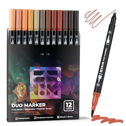 ZSCM Skin Tone Duo Tip Marker Pens, 12 Pack Fine & Brush Markers for Adult Coloring Books No Bleeding, Watercolor Skin Tone Markers for Hair and Portrait Sketch Drawing Lettering Writing Calligraphy - color: 12 Skin