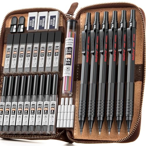 Nicpro 33PCS Black Metal Mechanical Pencil Set in Leather Case, Art Drafting Pencil 0.3, 0.5, 0.7, 0.9 mm, 2mm Lead Holders for Sketching Drawing with 18 Tube (6B 4B 2B HB 2H 4H Colors) Lead Refills - color: Black, size: 33pcs