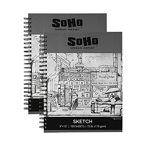Soho Urban Artist 2 Pack 9x12 Sketchpad, 100 Sheets of Spiral Bound Sketch Book Paper (75lb/110gsm) for Artist Pro & Amateurs, Colored Pencil, Charcoal and Graphite for Sketching - size: 9x12 - Pack of 2