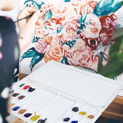Falling in Art Airtight Leak-Proof Watercolor Palette, 24 Slightly Sloping Wells-3 Mixing Areas, 12 3/5 Inches by 6 2/7 Inches - size: 12.6" x 6.3" (24 Wells)