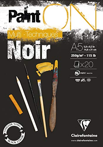 Clairefontaine - Ref 975168C - Paint'ON Multi-Technique Black Paper Pad (20 Sheets) - A5 Size, 250gsm Heavyweight Paper, Slight Rough Grain, Acid Free, pH Neutral - color: Black, size: A5