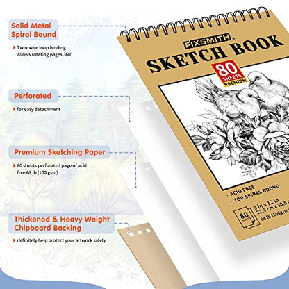 FIXSMITH 9"X12" Sketch Book | 80 Sheets (68 lb/100gsm) Sketchbook | Top Spiral Bound Artist Sketch Pad | Acid Free Drawing Pad | Ideal for Kids, Beginners, Artists & Painters | Bright White - color: Tan, size: 9"x12"-1 Pack