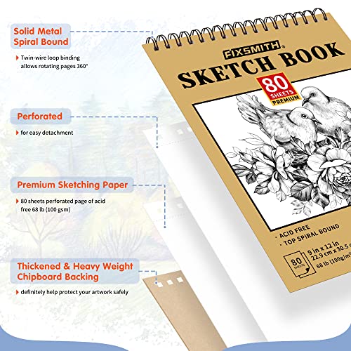 FIXSMITH 9"X12" Sketch Book | 160 Sheets (68 lb/100gsm) | 2 Pack Sketchbooks | Top Spiral Bound Artist Sketch Pad | Acid Free Drawing Pad | Ideal for Kids,Beginners,Artists &Painters | Bright White - color: Tan, size: 9"x12"-2 Pack