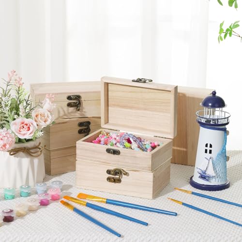 Hoemwarm 24 Pack Unfinished Wooden Box DIY Treasure Box | Treasure Chest With Hinged Lid 6 x 4 x 2 Inch, DIY Craft Keepsake for Kids, Gift, Home Decor