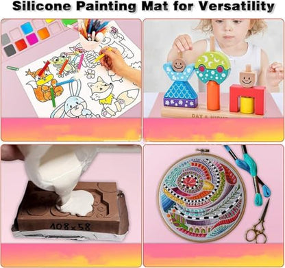 Silicone Painting Mat with Paint Trays and Brush Cleaner Cup, Waterproof Art Mat for Kids Adults DIY Crafts, Non-Stick Craft Mat for Table Protection, Blue - color: Orange