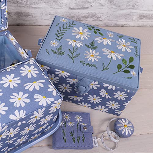 Hobby Gift Medium Sewing Box Organiser, Fabric Covered Storage Box with Handle, Internal Tray, Pin Cushion and Pocket for Sewing, Quilting and Knitting Supplies - color: Denin Daisies
