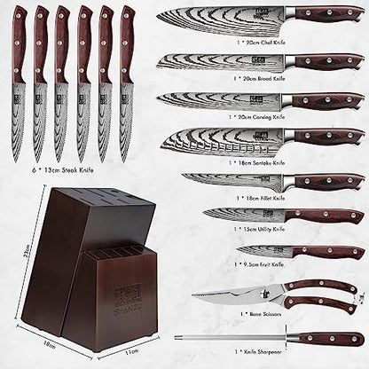 SHAN ZU Knife Set 16 pcs, Japanese Kitchen Knife with Block High Carbon Stainless Steel Ultra Sharp Knife for Kitchen, Professional Chef Knife Set with Sharpener - color: 16 PC KNIFE SET