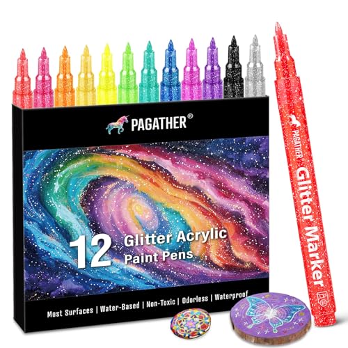 12 Colors Glitter Markers, 0.7mm Extra Fine Tip Sparkling Acrylic Paint Pens for Crafts, Adult Coloring, and DIY Projects on Paper, Rock, Wood, Glass and Fabric