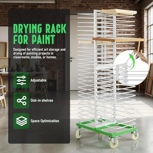 50-Shelf Paint Drying Rack for Cabinet Doors&Woodworking, Heavy Duty Mobile Cabinet Drying Rack with Locking Casters, 25 lbs per Shelf&2.1" Gap,Space-Saving Vertical Storage for Workshops/Paint Shops