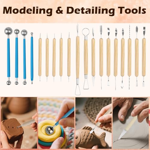 ROLYTA 41PCS Clay Sculpting Tools Kit, Pottery Tools with Organizer Storage Bag, Wooden, Stainless Steel Plastic Clay Tools, Sculpting Tool for DIY Handcraft, Modeling, Ceramic Carving