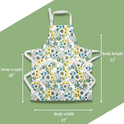 100% Cotton Printed Kitchen Apron with 2 Pockets for Men and Women – Adjustable Chef Apron - Machine Washable - color: Floral Yellow