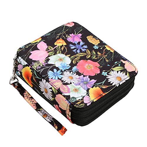 Portable Colored Printing Pattern Morning glory and Daisy Pencil Case 72 Slots Pencil Bag Organizer with Zipper for Watercolor Pens or Markers, Pencil Case Organizer for Artist - color: Black + Flower